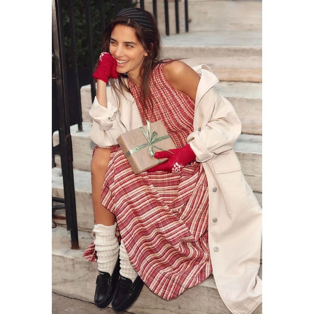 Free People Womens Nightingale Red Plaid Smocked Midi Dress Boho Sz Lg $245 MSRP - Picture 7 of 16
